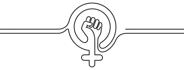 Naklejka premium Powerful black line art illustration depicts a raised fist inside the female gender symbol, symbolizing women's empowerment and strength