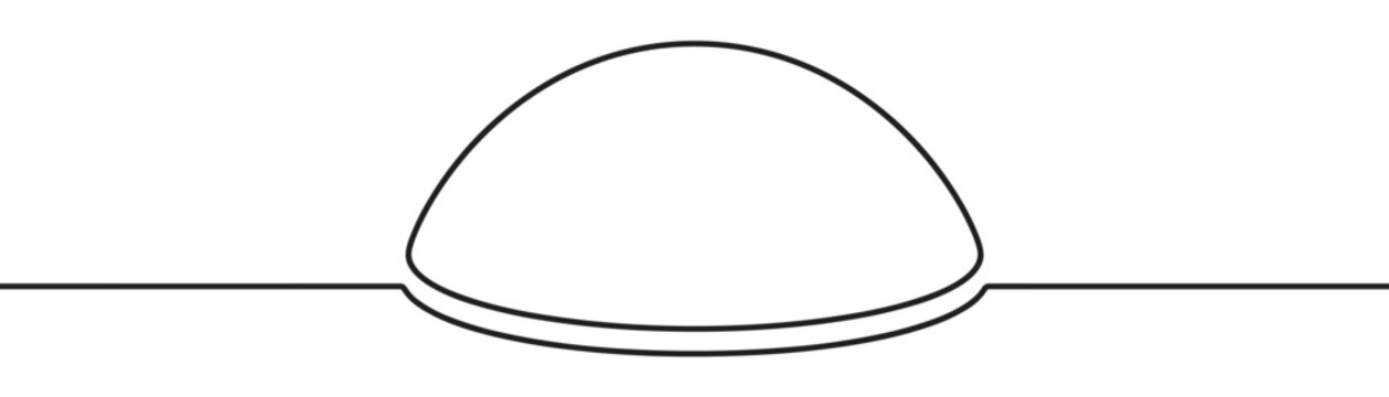 Minimalist black line drawing depicts a simple half-sphere shape emerging from a flat surface, creating a clean graphic design
