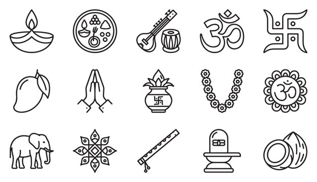 This collection of black outline Hindu religious icons features various symbols, objects, and deities in a clean, minimalist style