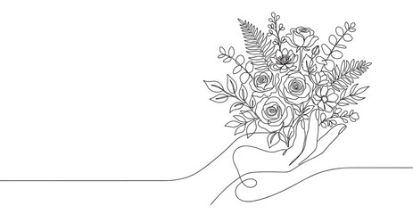 Obraz premium Beautiful continuous line drawing of hands holding a delicate bouquet of roses and various foliage, creating an elegant floral design