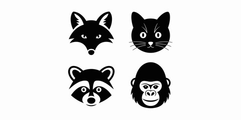 Fototapeta premium Minimalist animal head vector icon set displaying a fox, cat, raccoon, and gorilla face in flat monochrome black silhouettes isolated on white for wildlife graphic design, branding, logo, or web asset