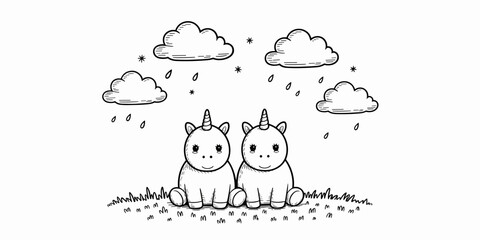Naklejka premium Two cute unicorns sitting together in a lush meadow under rainy clouds with sparkling stars, a whimsical hand-drawn black and white doodle illustration perfect for children textile prints or greeting 