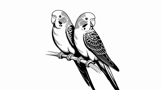 A detailed monochromatic black and white illustration featuring a pair of adorable budgie parakeets perched together on a slender branch symbolizing friendship, pet companionship, love, and nature the