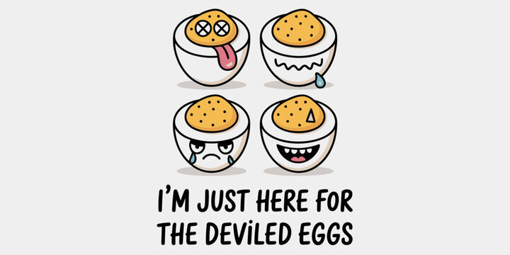 Funny deviled eggs cartoon illustration with various goofy emotional faces, creative food character design for party invitations, holiday catering menus, whimsical print on demand projects or kitchen 