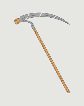 A vintage agricultural hand scythe tool with a sharp curved steel blade and wooden handle isolated on blank background for manual farm harvesting gardening lawn maintenance tasks or symbolic harvest a