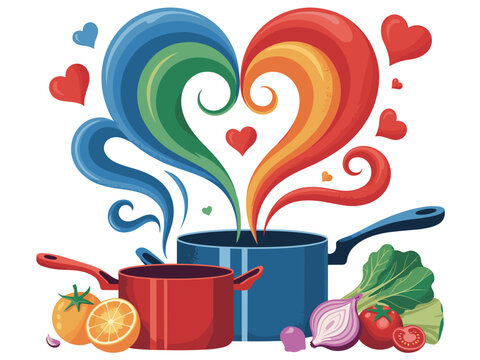 A vibrant culinary concept featuring colorful steam rising from cooking pots into a heart shape, surrounded by fresh fruits and vegetables, symbolizing healthy home cooking, love for food, and nutriti