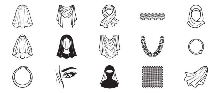 Collection of various fashion accessories and fabric elements, including veils, scarves, jewelry, and lace, presented as black outline illustrations