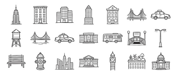 Fototapeta premium Collection of hand-drawn city elements, including buildings, vehicles, and street furniture, in a simple black and white outline style