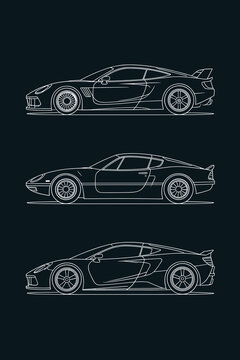 Conceptual outline of three distinct modern sports car silhouettes presented as clean minimalist white line art on a deep dark blue background for automotive design, engineering, engineering, and hobb