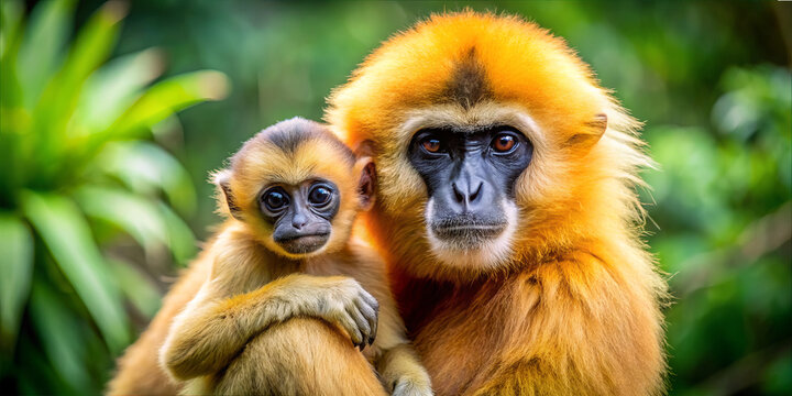 A mother monkey holds her baby close in a lush green forest. They seem to share a special bond as they sit together under the trees. Sunlight filters through the leaves