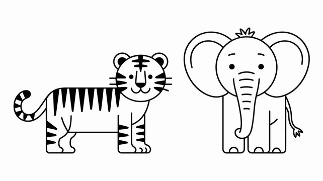 Minimalist black and white vector illustration featuring a friendly tiger with stripes and a cute elephant with large ears standing side by side isolated on a clean white background for children desig