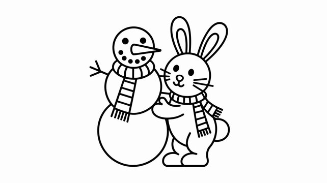A cute bunny rabbit decorating a fun snowman for winter holidays, a cheerful hand-drawn line art illustration capturing festive joy, perfect for children coloring books, festive greeting cards and cra
