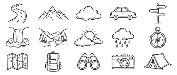 Naklejka premium Collection of hand-drawn doodle icons representing various travel, nature, and adventure elements in a simple, outlined style