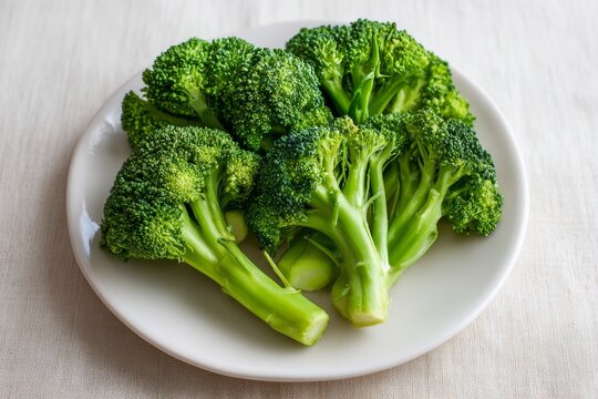 Fresh green broccoli florets served on a white plate over a light textile background