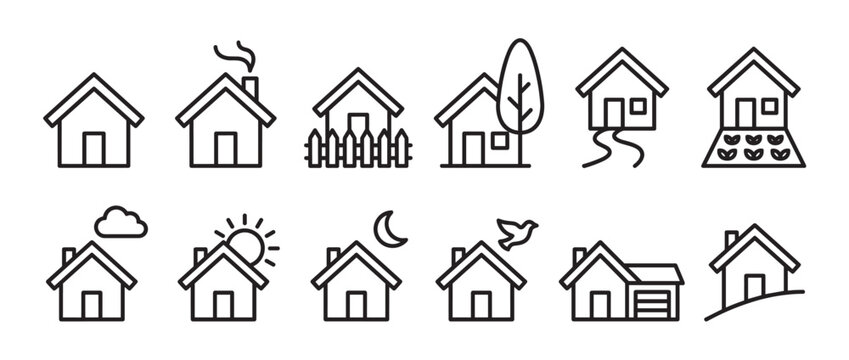 Collection of simple black outline house icons depicting various home and environmental scenarios