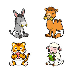 Fototapeta premium Adorable collection of diverse baby animals happily munching on snacks in diapers