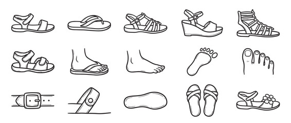 Obraz premium Various hand-drawn black and white line art illustrations depict different types of sandals, flip-flops, and feet in a casual doodle style