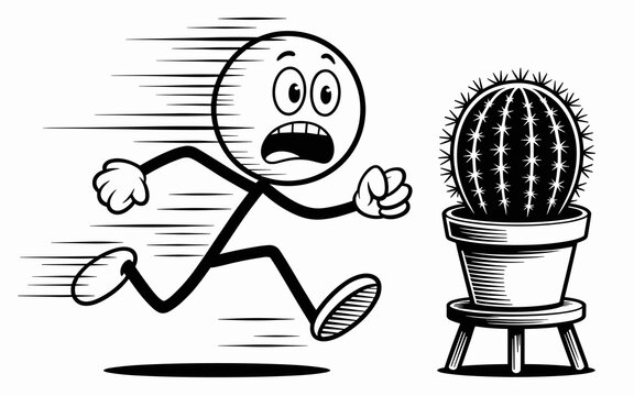 A frightened running stick figure character in frantic motion fleeing from a spiky cactus plant on a stool, representing danger, surprise, stress, fear, comedy, humor and workplace anxiety in vector a