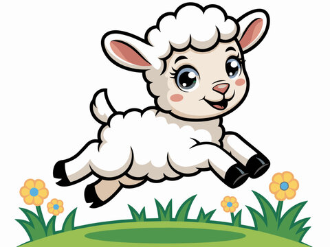 Adorable cartoon lamb jumping joyfully through a green meadow with blooming spring flowers, funny happy baby sheep illustration for children book design, nursery art wall decor, vector character graph
