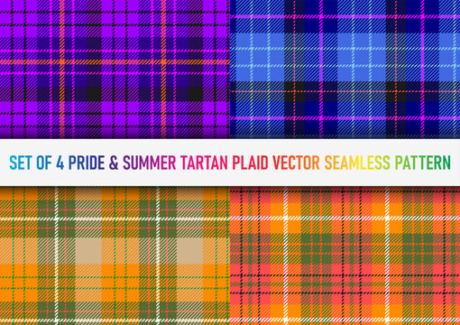 Set of 4 pride and summer tartan plaid vector seamless pattern