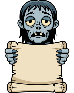 Sad blue zombie character holding an empty vintage parchment scroll paper template for creepy Halloween message design isolated on a white background, perfect for spooky horror themed party flyer grap