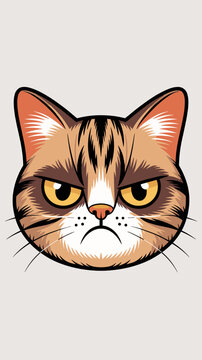 Grumpy cat face vector illustration featuring a serious frowny feline portrait with expressive yellow eyes in a minimalist cartoon graphic style perfect for funny pet stickers t-shirt designs or memes