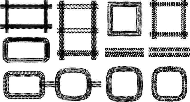 Tire track silhouette frame set vector illustration for automotive and off-road design isolated on white