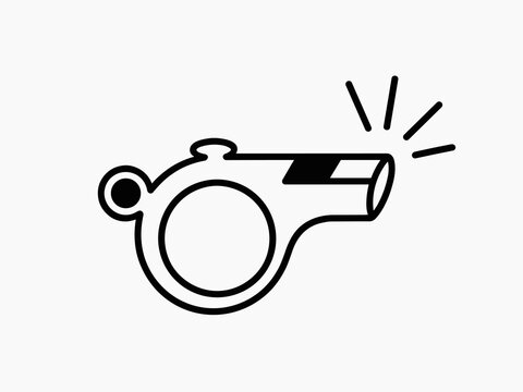 A crisp, simple black and white vector line art illustration of a professional referee whistle signaling for a game match, indicating start or foul for an athletic coach, trainer, sport, or competitio