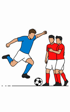 Dynamic soccer player dribbling to evade two red team defenders in a competitive match scenario, illustrated in flat vector graphic style for sports editorial concepts, team coaching, marketing, and m