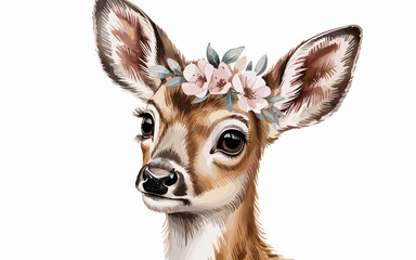 Charming baby deer illustration wearing a gentle pink floral crown, artistic watercolor forest wildlife portrait with large expressive eyes, woodland fantasy mascot for children nursery decor and baby