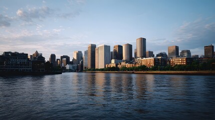 Obraz premium A serene cityscape of modern skyscrapers reflecting in calm waters under a bright sky