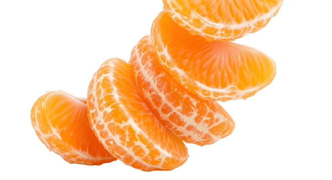 Four peeled, fresh tangerine or mandarin orange segments falling down. Isolated on transparent background, png
