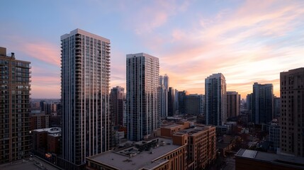 Fototapeta premium Panoramic view of a city skyline at dawn with colorful pastel clouds illuminating modern skyscrapers and urban landscape