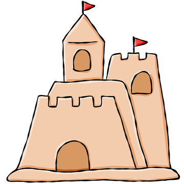 Cute hand drawn sandcastle illustration for coastal summer vacation