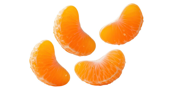 Four peeled, fresh tangerine or mandarin orange segments falling down. Isolated on transparent background, png