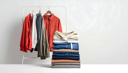 Obraz premium A stack of folded clothes next to a rack with hanging shirts in a minimalist room interior.