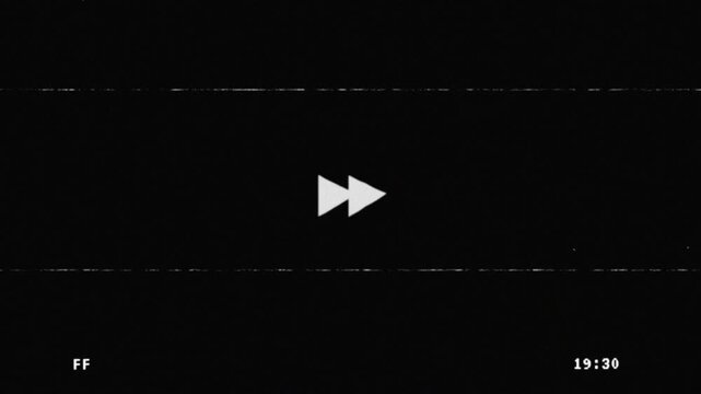 ⁠Fast forward VHS screen effect with forward icon, timer display, and flickering analog distortion 4K video resolution on black background. 