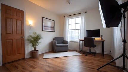 Fototapeta premium Bright and organized home studio space with a desk computer armchair and professional photography lighting equipment