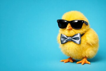 Fototapeta premium Cool yellow chick wearing sunglasses and a bow tie on a blue background