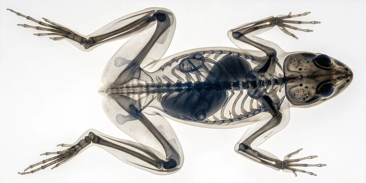A frog lies on a flat surface displaying its skeleton and internal organs. The bones and organs are clearly visible through a backlight. This shows the anatomy of the frog