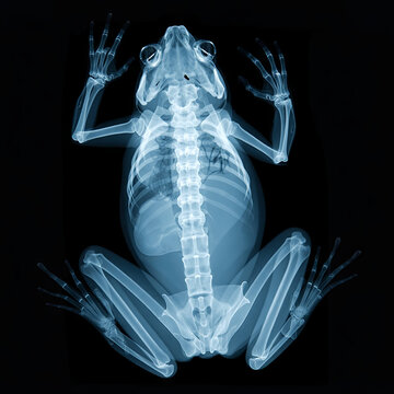 A frog's skeleton in an x-ray view. The bones are visible clearly against a black background, showing the structure of the frog's body