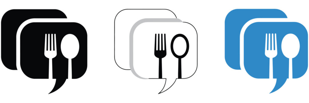 Restaurant food logo icon, spoon and fork in stylish speech bubble with chat concept, let&rsquo;s eat symbol, food talk logo design template, clean isolated vector design.
