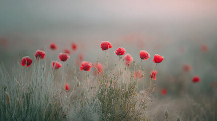 Fototapeta premium Red Wildflowers in a Misty Meadow at Dawn