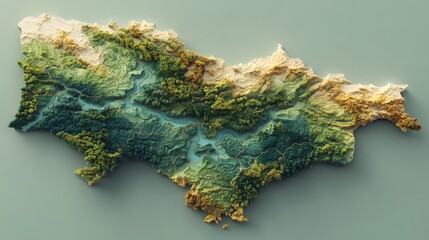 This 3D topographic map showcases a stunning green landscape with a meandering river, surrounded by lush forests and varied terrain. The image highlights the natural beauty of the environment.