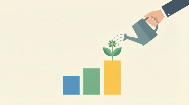 Business growth and investment concept: Conceptual flat illustration of a hand watering a flower growing on a rising bar chart representing nurturing success and sustainable development