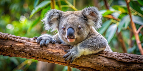Obraz premium A koala sits on a tree branch in a eucalyptus forest. It looks relaxed while surrounded by green leaves. The sun shines brightly in the sky, adding warmth to the scene