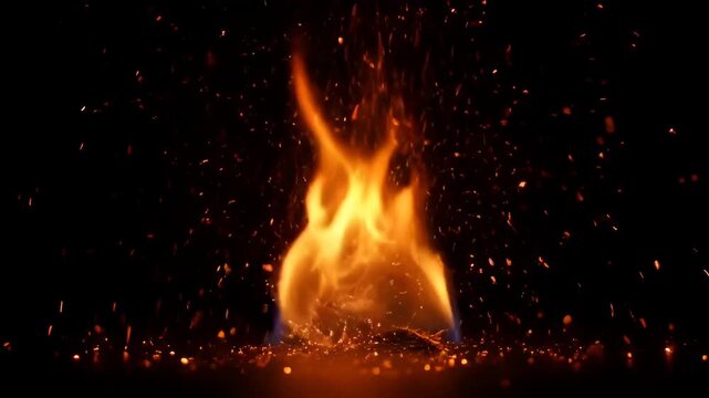 Fire Flame Ember Spark Heat Glow Burning Blaze Smoke Ash on Dark Black Background with Orange Yellow Blue Energy and Bright Ignition Glow