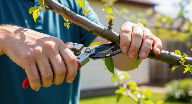 Man pruning backyard fruit trees in sunny garden  