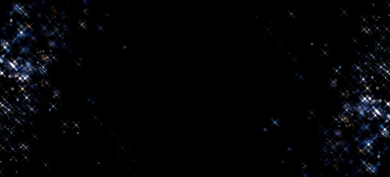 Brilliance twinkle on black empty background wide format. Glare dark banner for holiday or celebretion design.