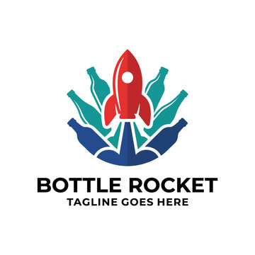 A quirky logo featuring a rocket launching from colorful bottles, illustrating creativity, innovation, and enthusiasm&mdash;ideal for start-ups, events, or eco-friendly campaigns.